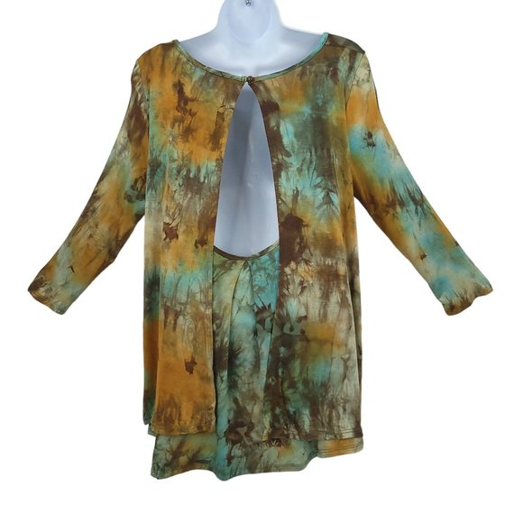 Andree by Unit Top Open Back Womens Size M Long Sleeve Green Brown Pullover - Picture 2 of 14